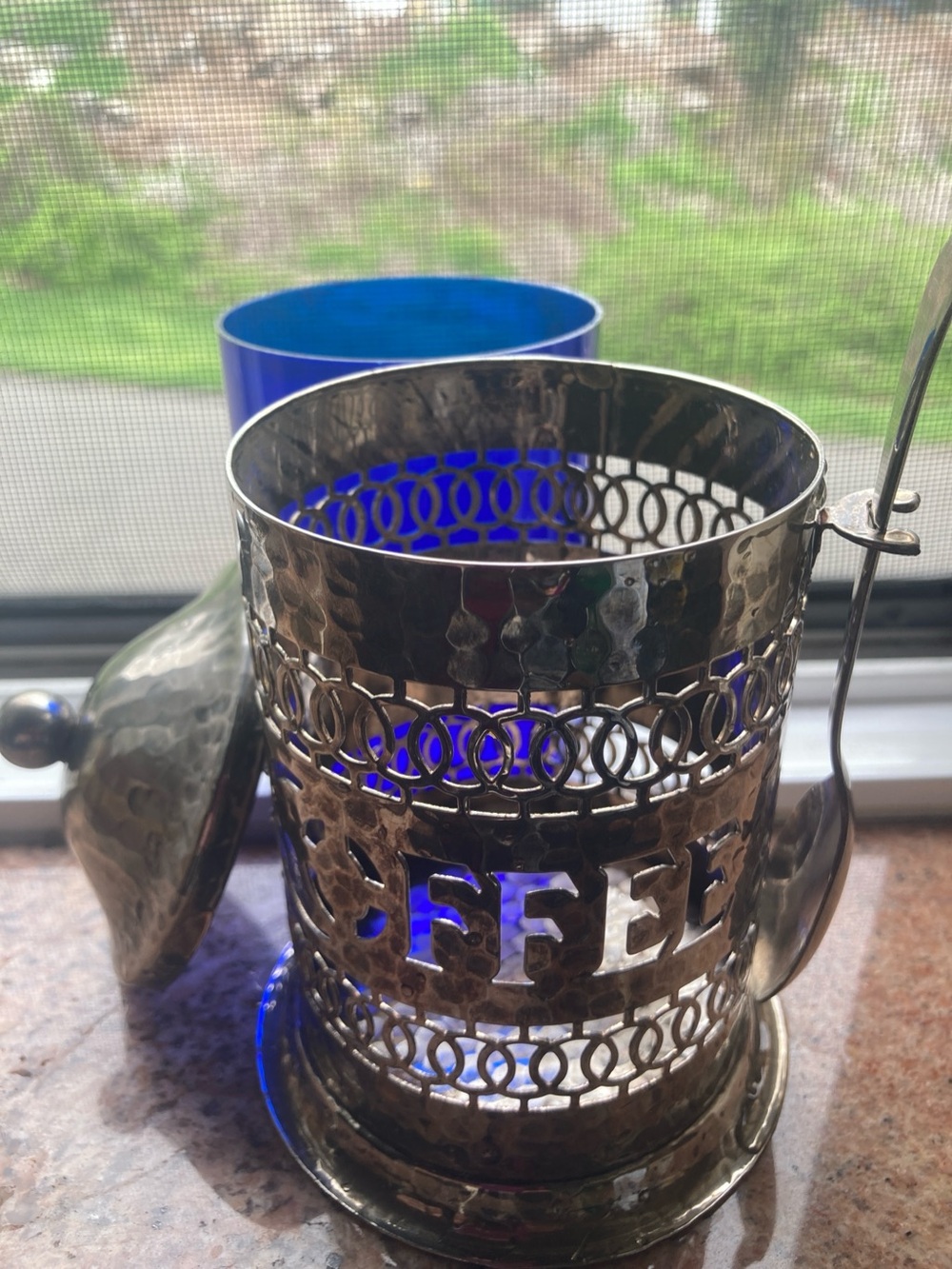Hammered Silver Coffee Canister with Cobalt Blue Insets - Picture 4 of 12
